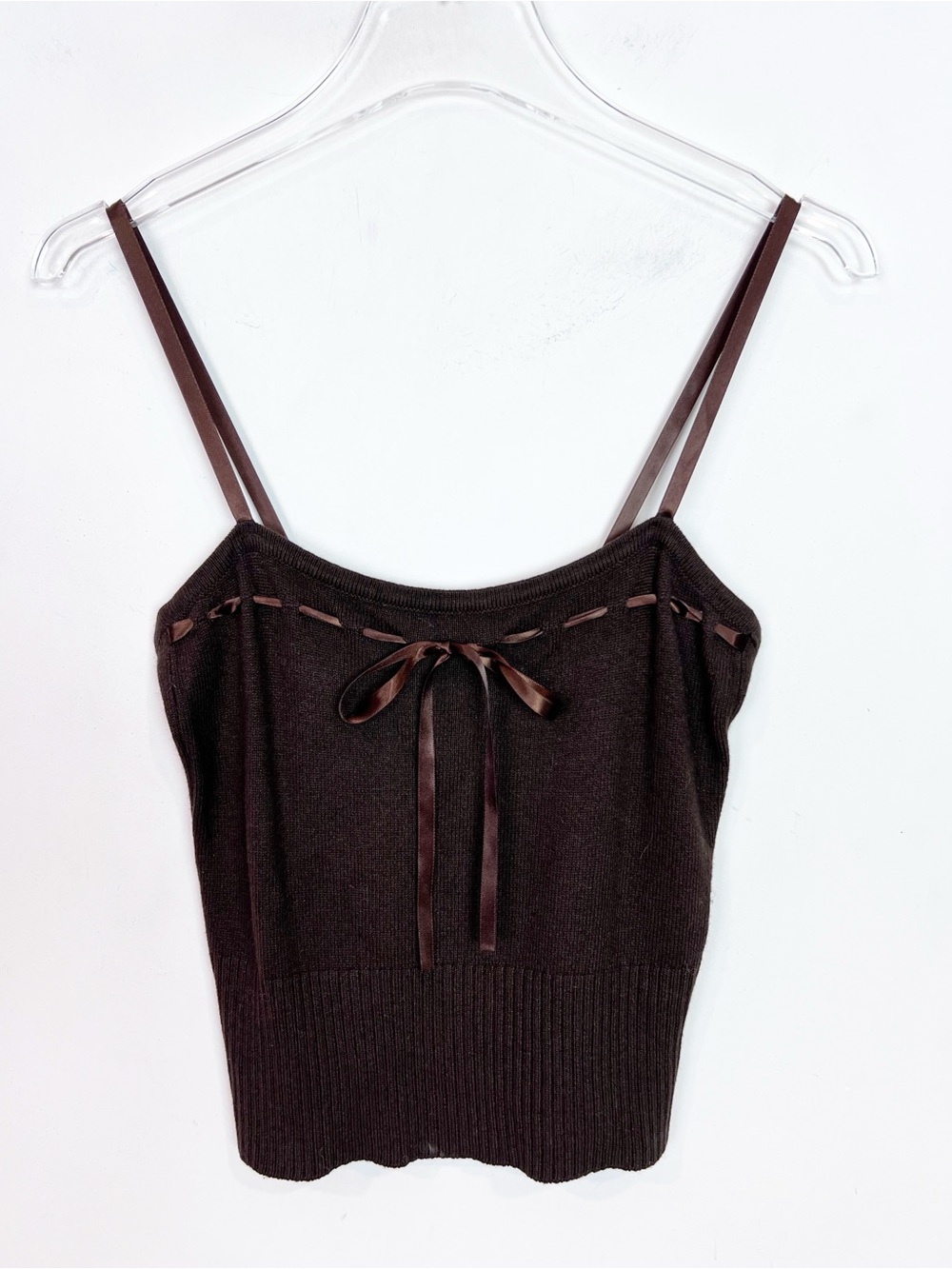 MILLY BROWN RIBBON TRIMMED SLEEVELESS CROP SWEATER TANK SZ SMALL